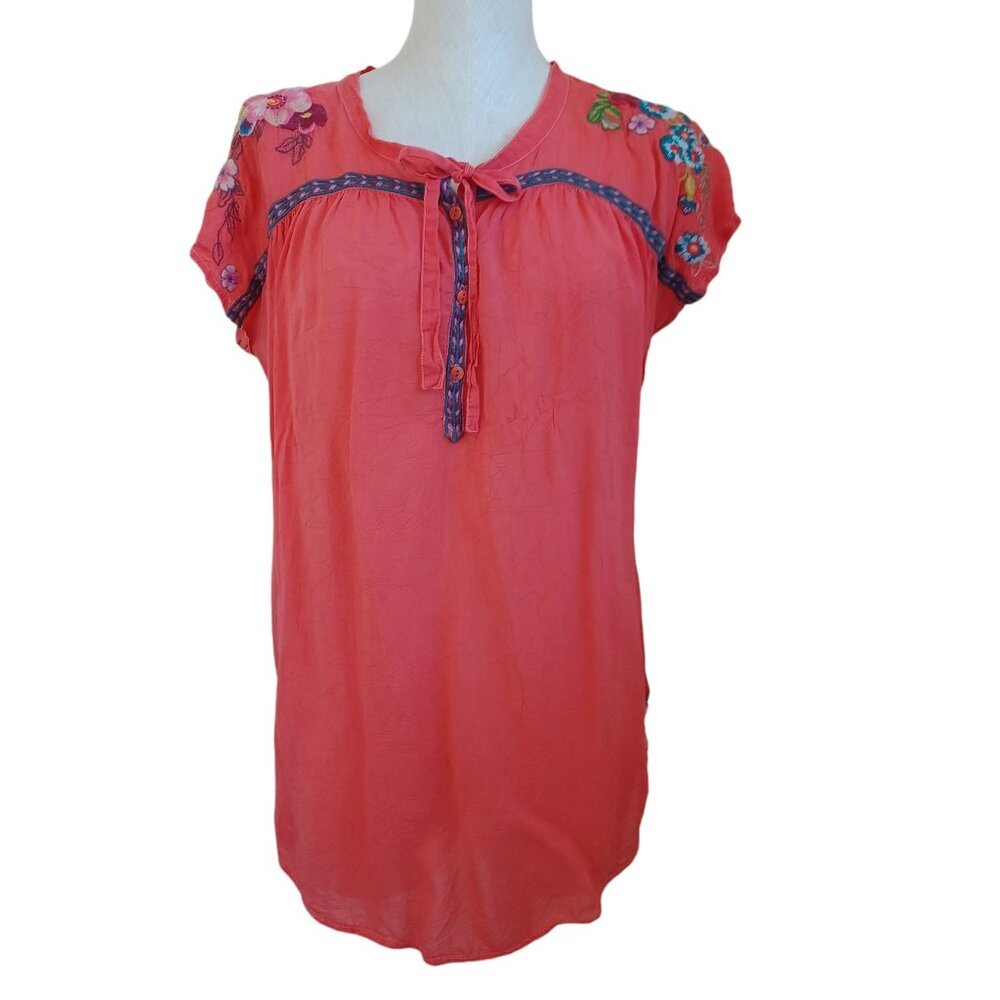 Johnny Was Coral Pink Silk Embroidered Floral Tunic Top Boho Tie Neck Small